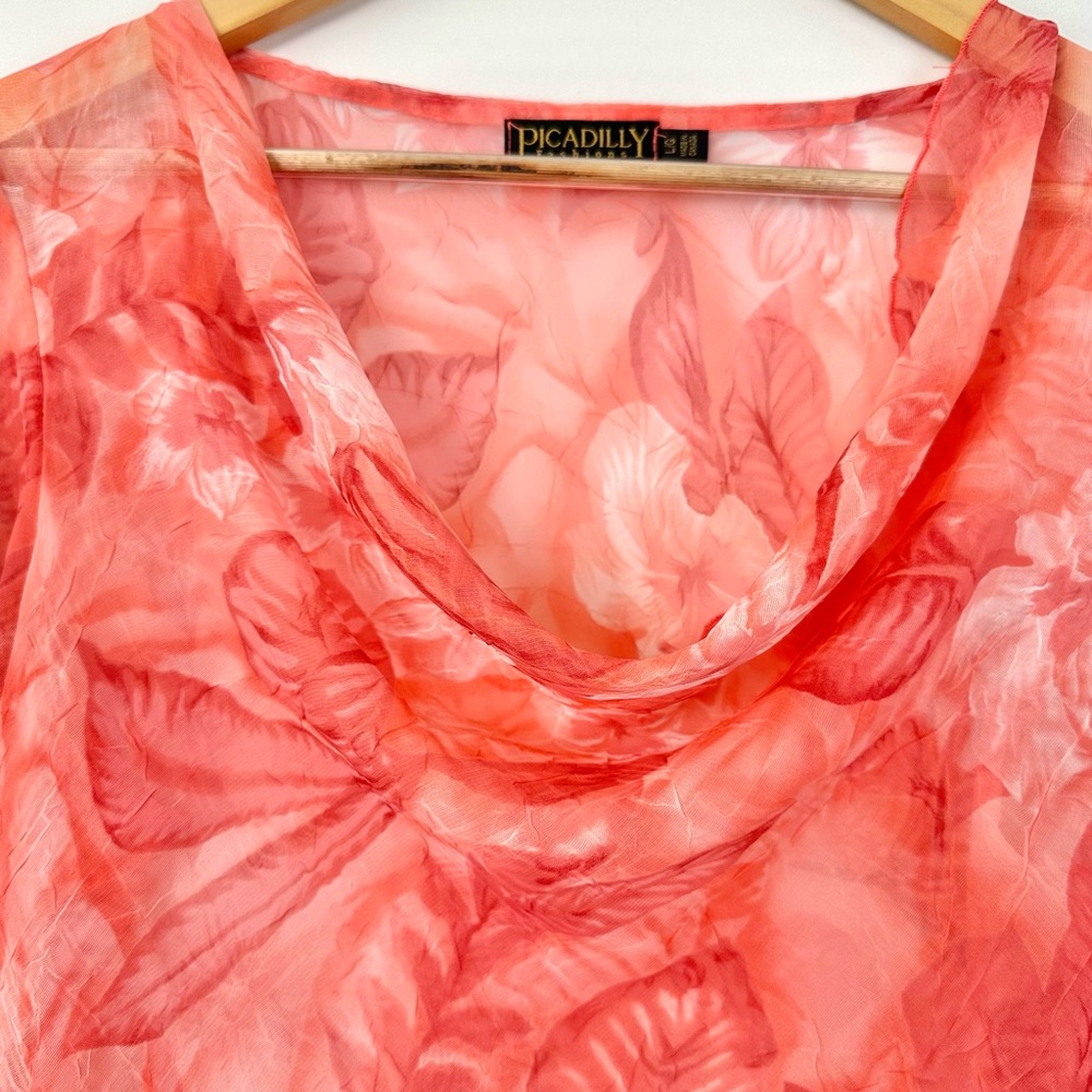 Vintage Picadilly Orange and Pink Floral Asymmetrical Sheer Blouse 3/4 Sleeves - Picture 7 of 15
